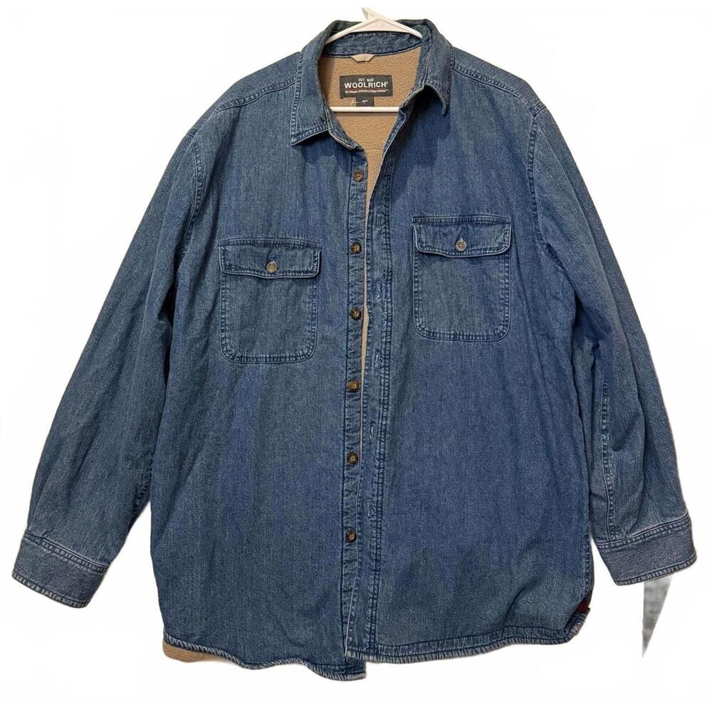 Woolrich Sherpa Lined Denim Shirt Jacket Mens L Button Front Workwear Shacket